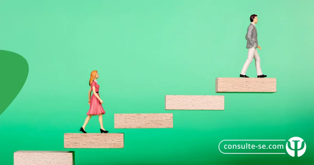 Ilustração de pessoas subindo degraus, representando crescimento profissional com estratégia e previsibilidade no Google Ads