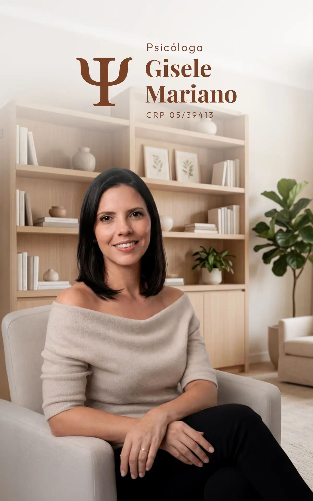 Psicóloga online Gisele Mariano em consultório acolhedor, atendimento psicológico para ansiedade, depressão, autoestima, relacionamentos e saúde emocional.